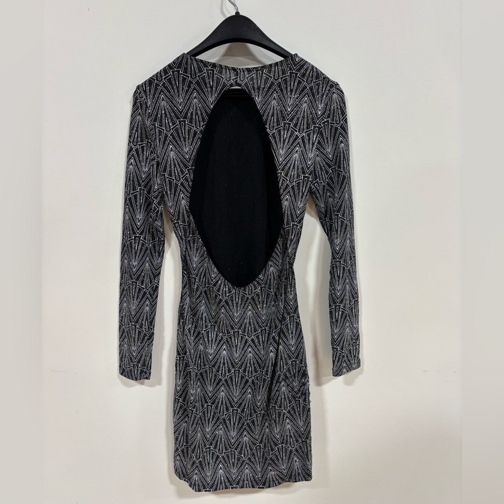Chic Black and Silver Long Sleeve Dress With Dramatic Open Back - Picture 2 of 2